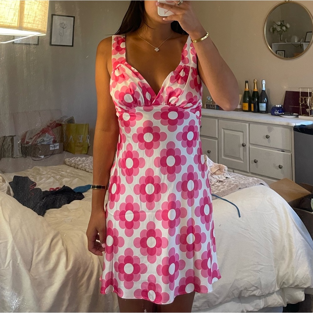 Pink and White floral satin mini dress